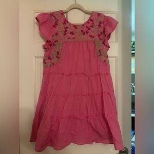 J Marie Pink Tiered Floral Embroidered Dress Lined - Size Medium